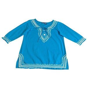 Vintage Phool Top Womens Large Blue Embroidered Tie Neck 3/4 Sleeve Boho 90s